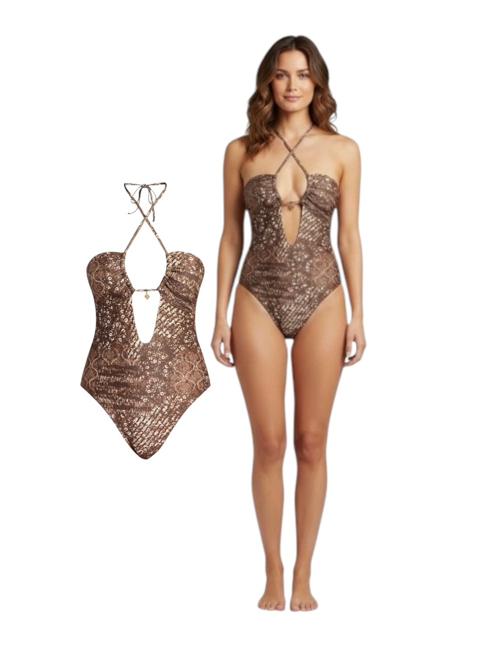 No Boundaries Brown Patterned Halter One-Piece Swimsuit